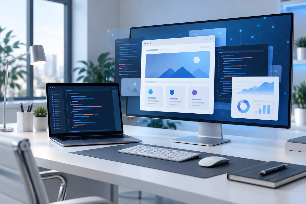 Modern web development workspace with code editor and website dashboard screens