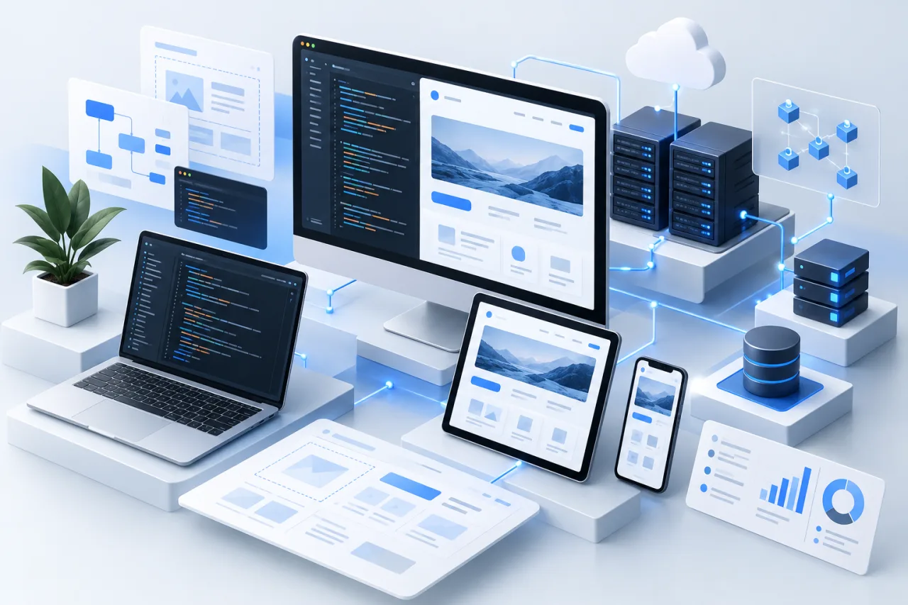 Modern web development screens with code editor and digital interface panels